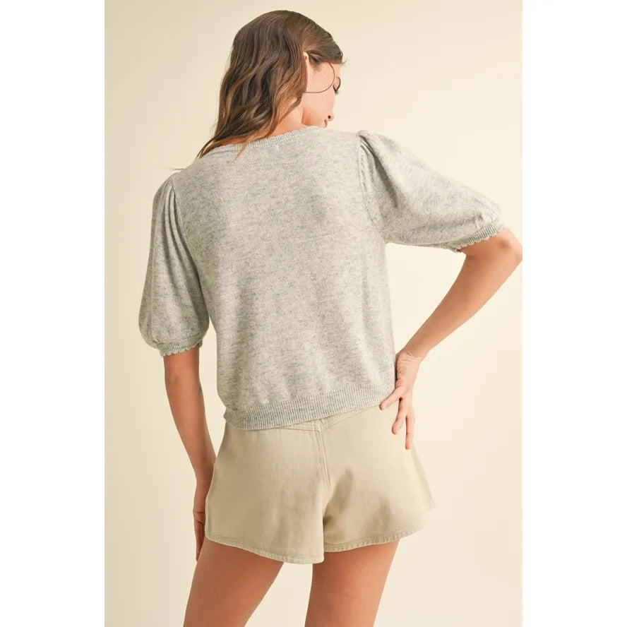 Puff Short Sleeve Button Down Knit Cardigan