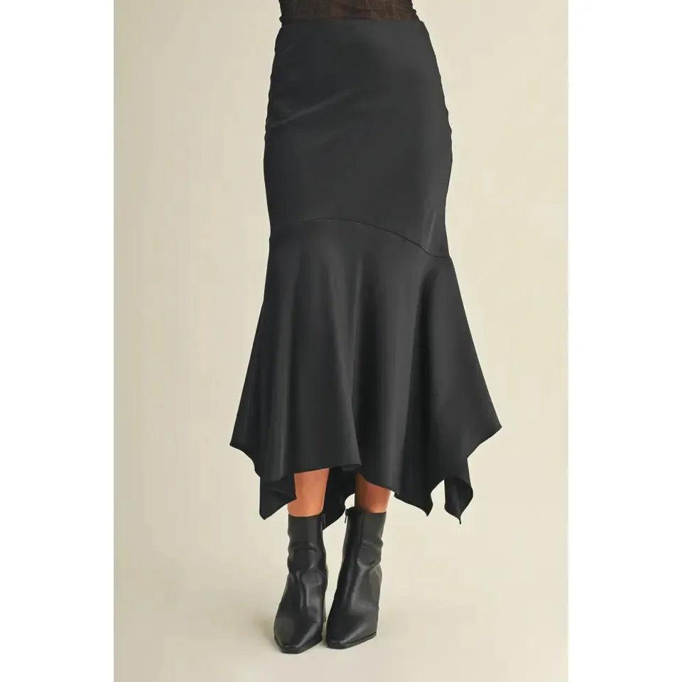 Handkerchief Hem Midi Skirt in Black