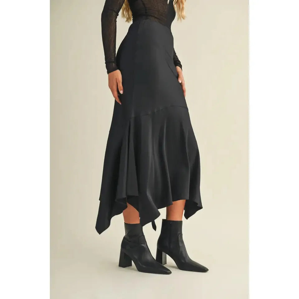 Handkerchief Hem Midi Skirt in Black