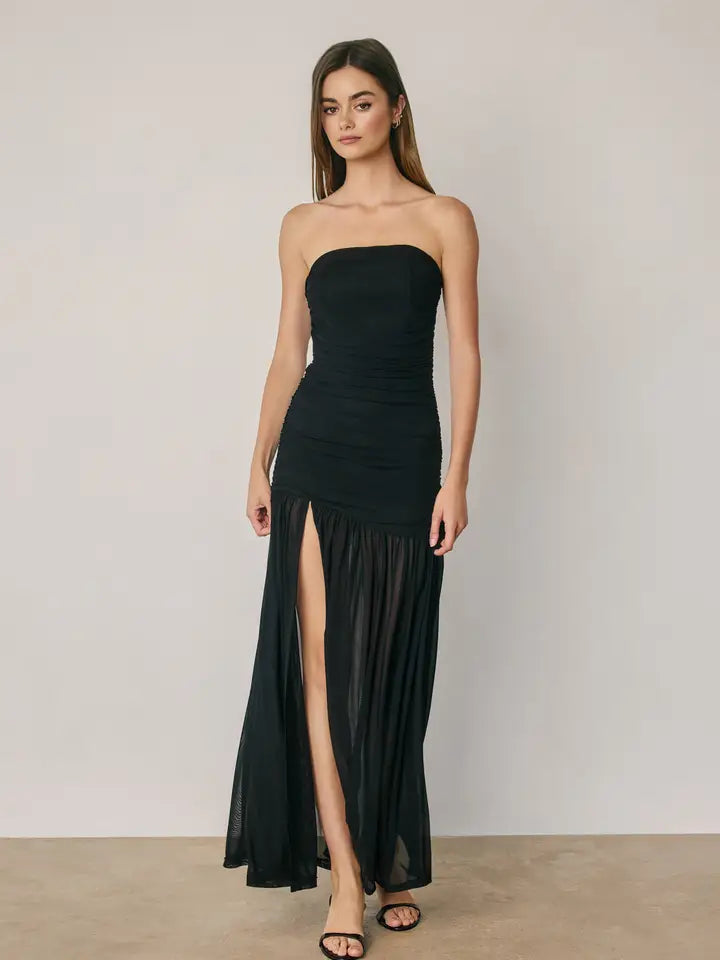 Black Strapless Ruched Mesh Maxi Dress