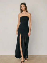 Black Strapless Ruched Mesh Maxi Dress