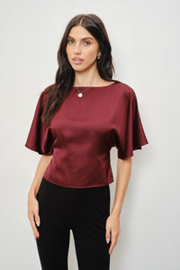Darlene Satin Flutter Top in Burgundy