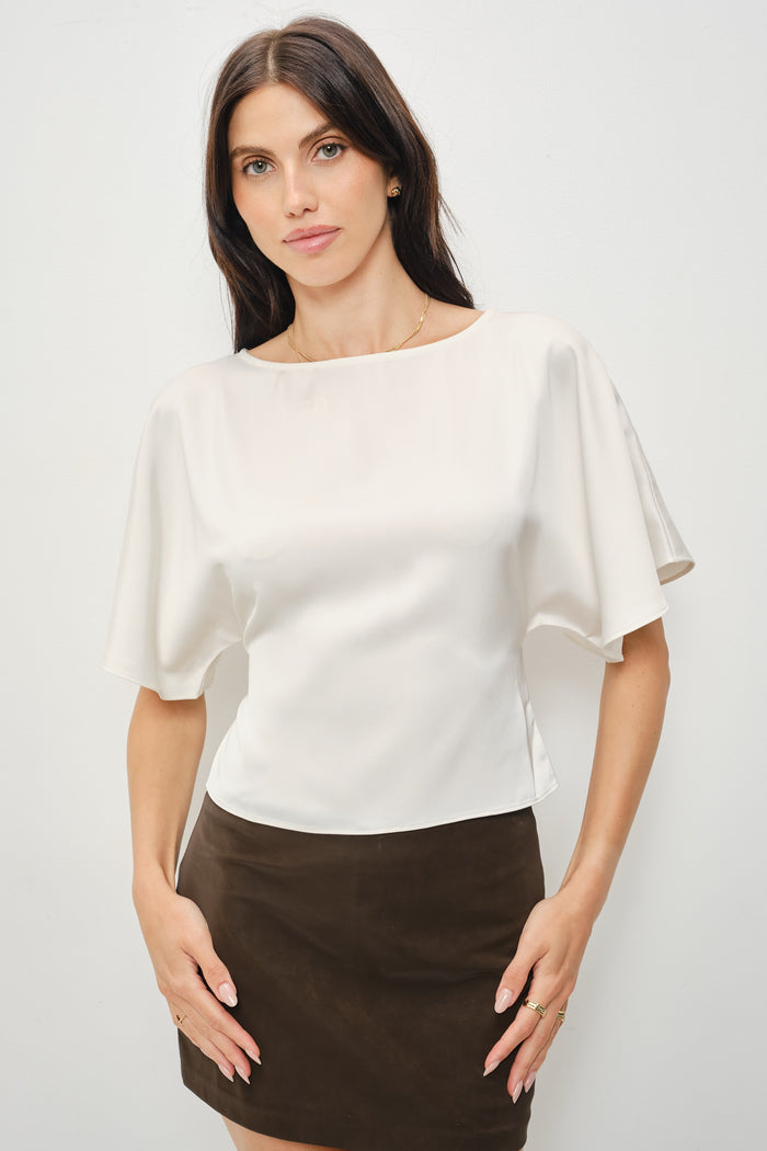 Darlene Satin Flutter Top In Champagne
