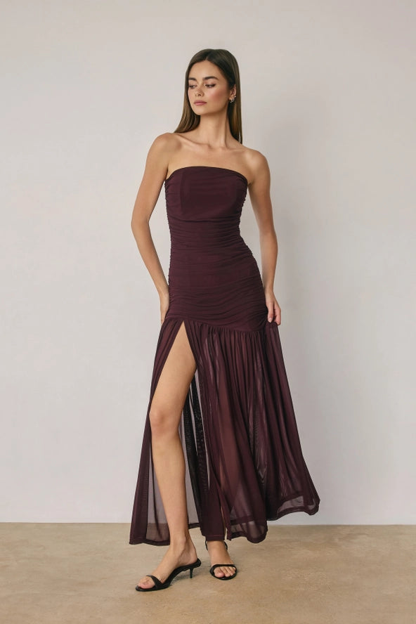 Dark Cherry Strapless Ruched Mesh Maxi Dress