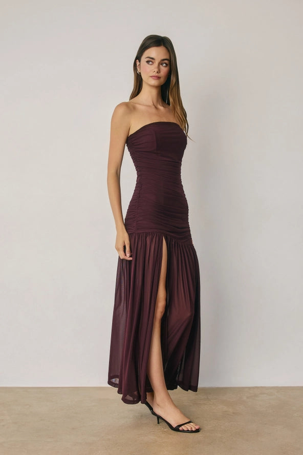 Dark Cherry Strapless Ruched Mesh Maxi Dress