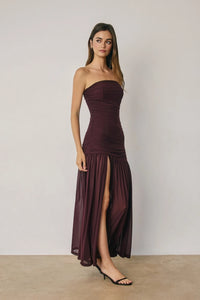 Dark Cherry Strapless Ruched Mesh Maxi Dress