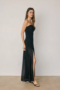 Black Strapless Ruched Mesh Maxi Dress