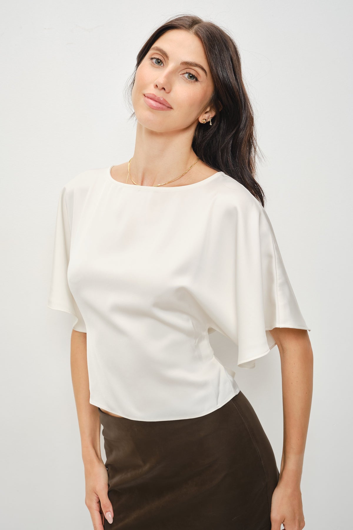 Darlene Satin Flutter Top In Champagne