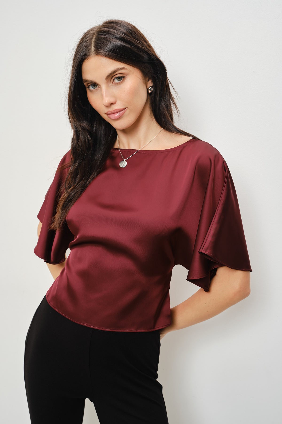 Darlene Satin Flutter Top in Burgundy