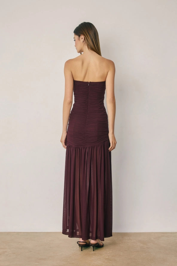 Dark Cherry Strapless Ruched Mesh Maxi Dress