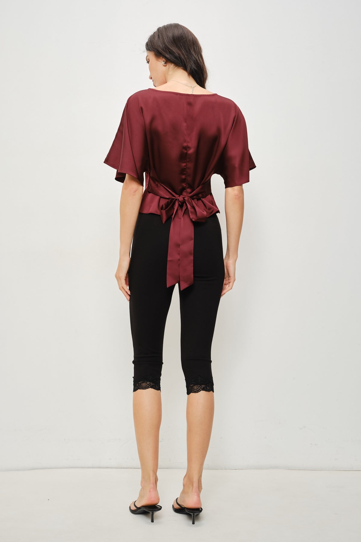 Darlene Satin Flutter Top in Burgundy