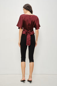 Darlene Satin Flutter Top in Burgundy