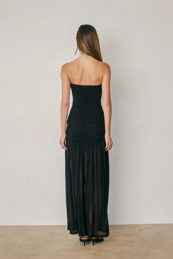 Black Strapless Ruched Mesh Maxi Dress