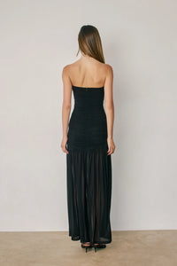 Black Strapless Ruched Mesh Maxi Dress