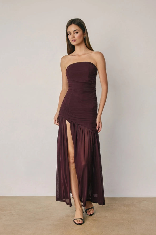 Dark Cherry Strapless Ruched Mesh Maxi Dress