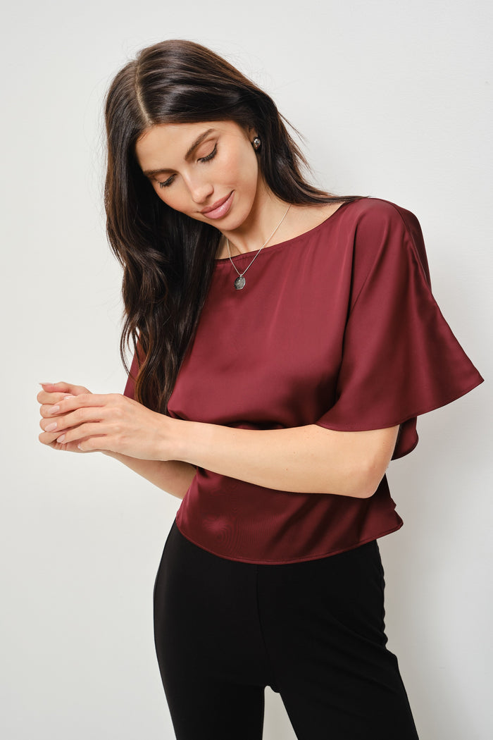 Darlene Satin Flutter Top in Burgundy