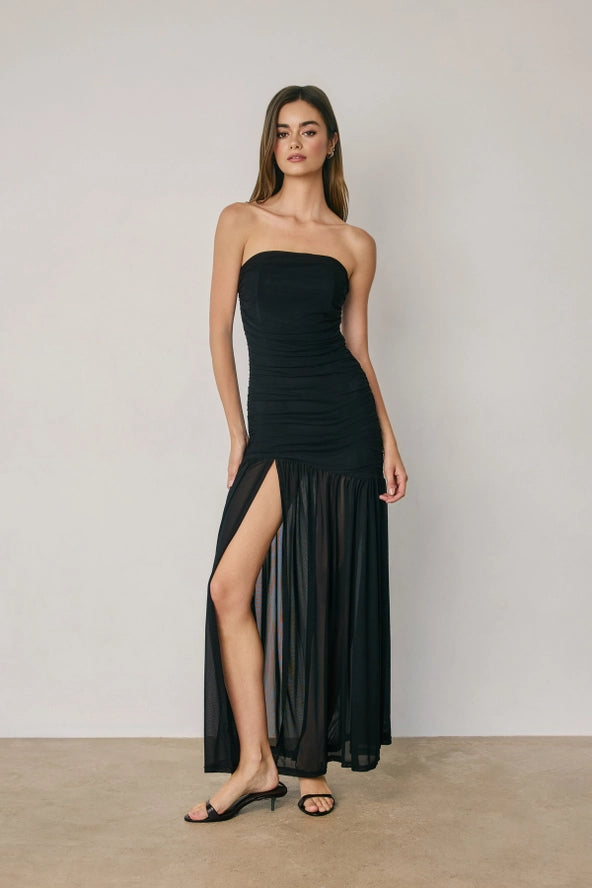 Black Strapless Ruched Mesh Maxi Dress