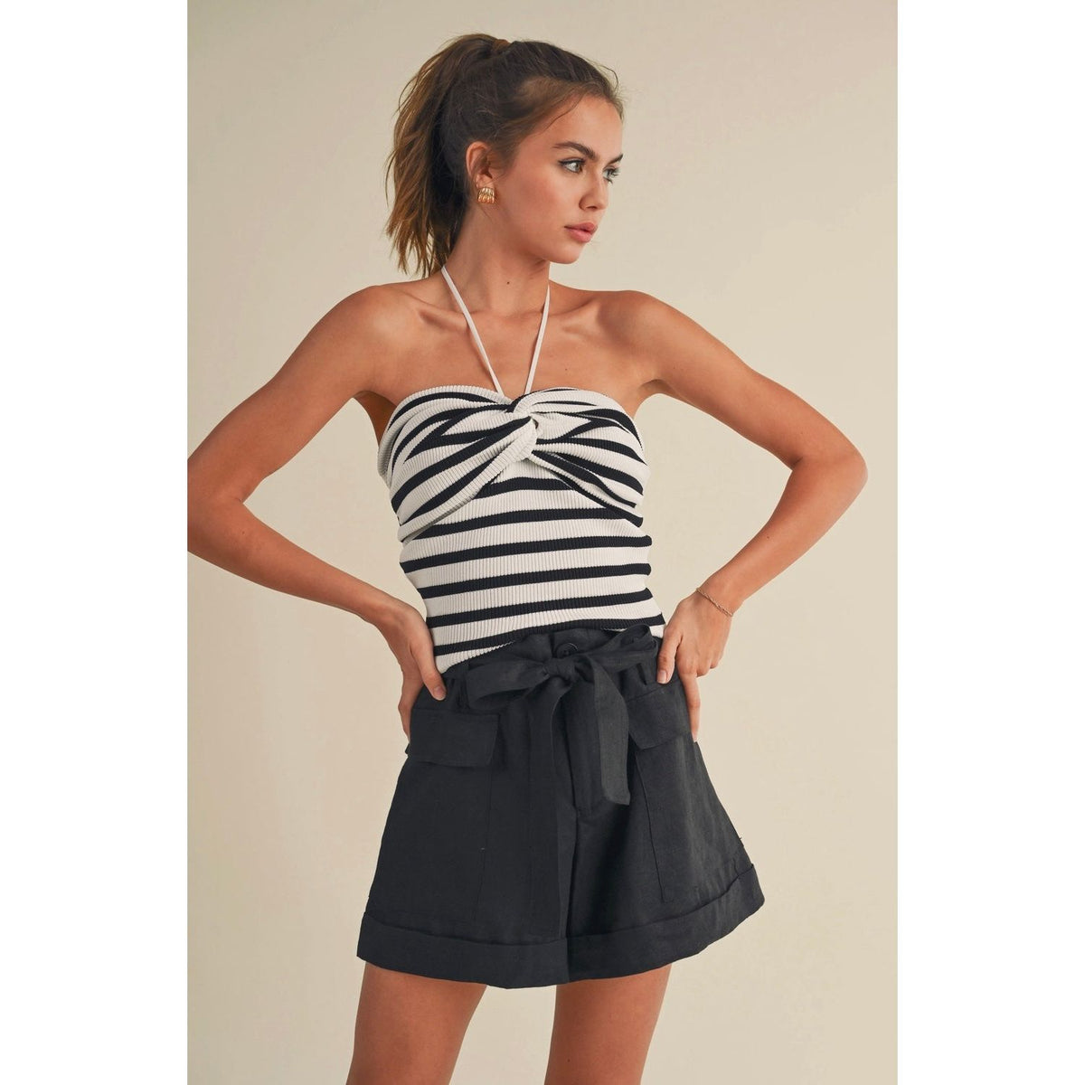 Striped Knot Front Halter Neck Knitted Top