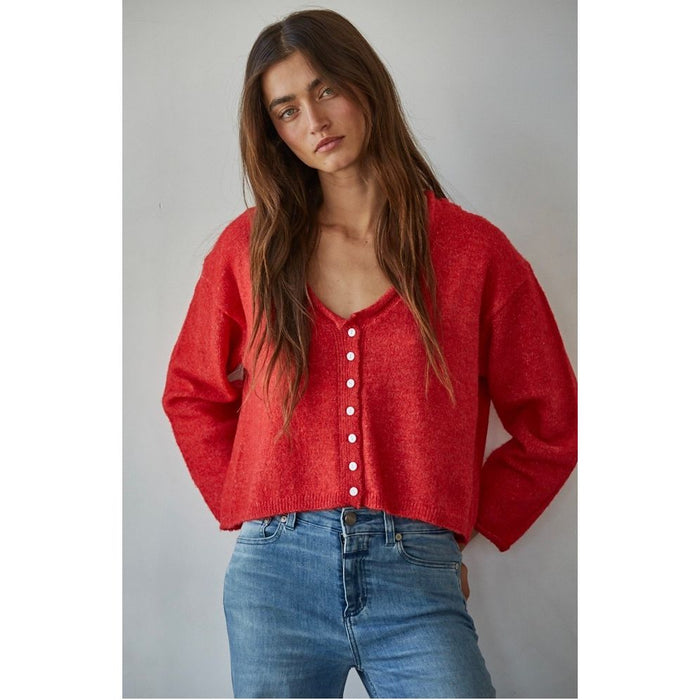 Rolled V-Neck Cardigan Top in Red