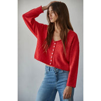 Rolled V-Neck Cardigan Top in Red