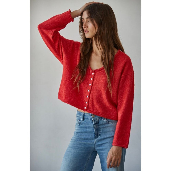 Rolled V-Neck Cardigan Top in Red