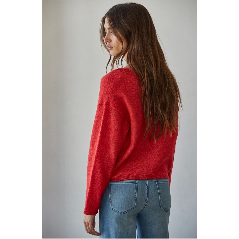 Rolled V-Neck Cardigan Top in Red
