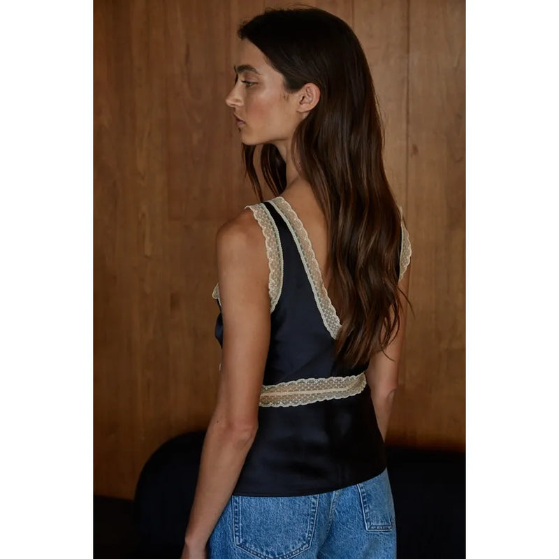 Satin & Lace Tank in Black
