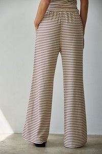 Knit Striped Elastic Waist Band Tie Flare Pants- Cream/Burgundy