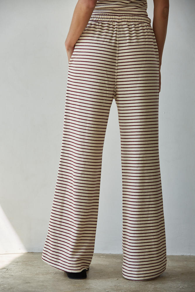 Knit Striped Elastic Waist Band Tie Flare Pants- Cream/Burgundy