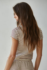 Knit Striped Short Sleeved Top- Cream/Burgundy