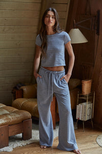 Knit Striped Elastic Waist Band Tie Flare Pants- Grey/Blue