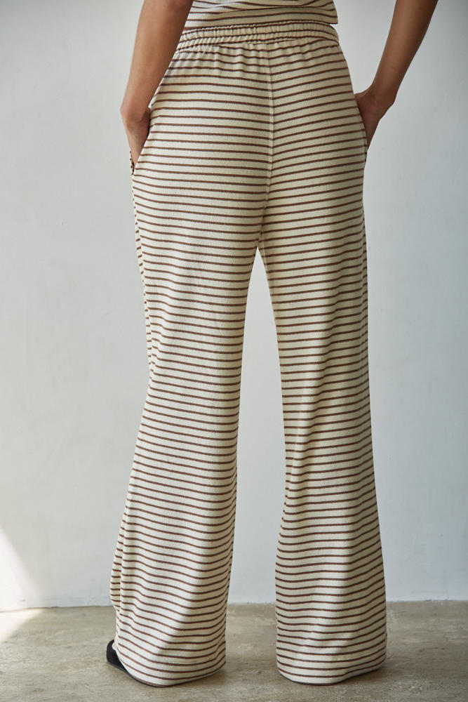 Knit Striped Elastic Waist Band Tie Flare Pants- Cream/Mocha