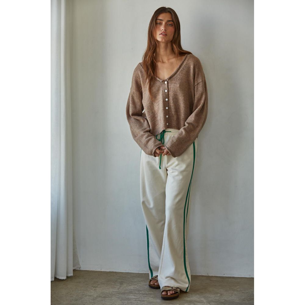 Rolled V-Neck Cardigan Top in Mocha