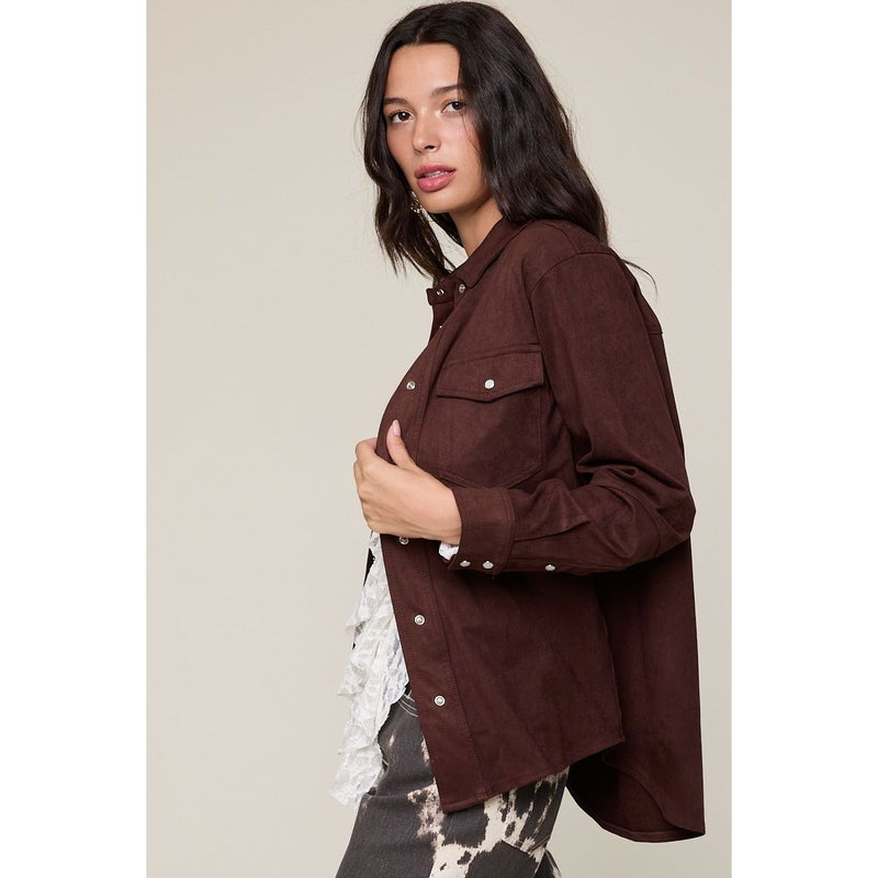 Suede Shirt Jacket in Dark Oak