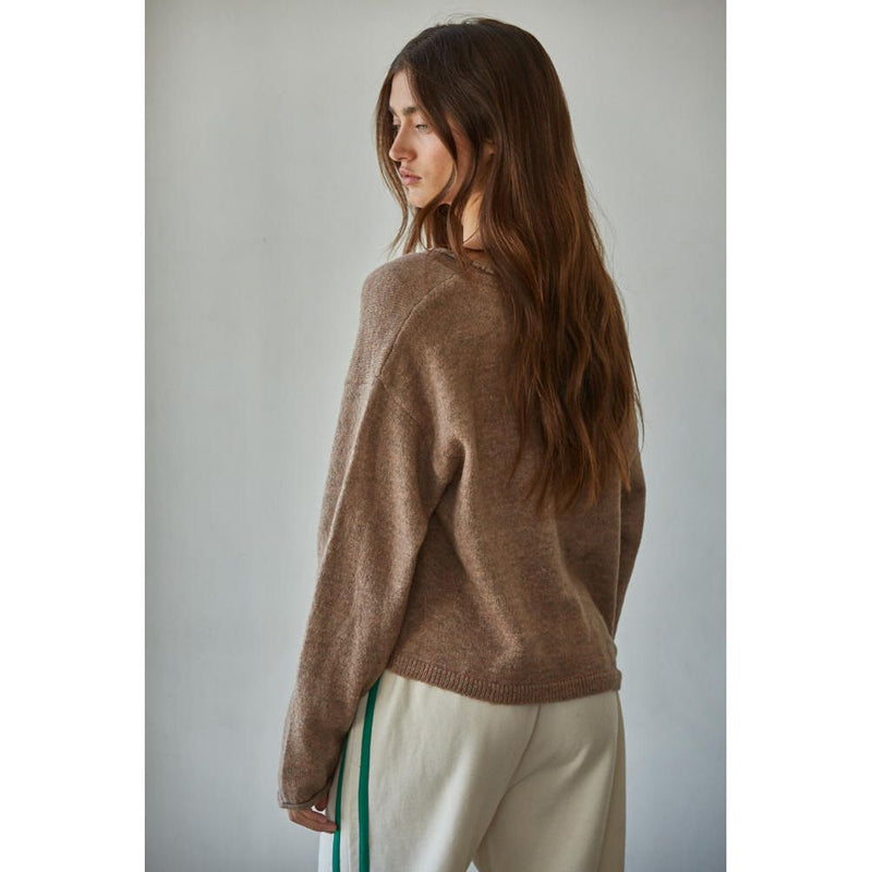 Rolled V-Neck Cardigan Top in Mocha