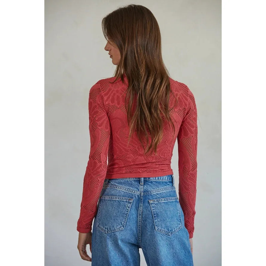 Jacquard Long Sleeve Top in Crimson