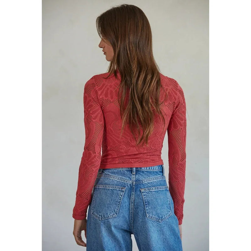 Jacquard Long Sleeve Top in Crimson