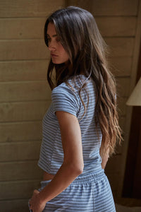 Knit Striped Short Sleeved Top - Grey/Blue