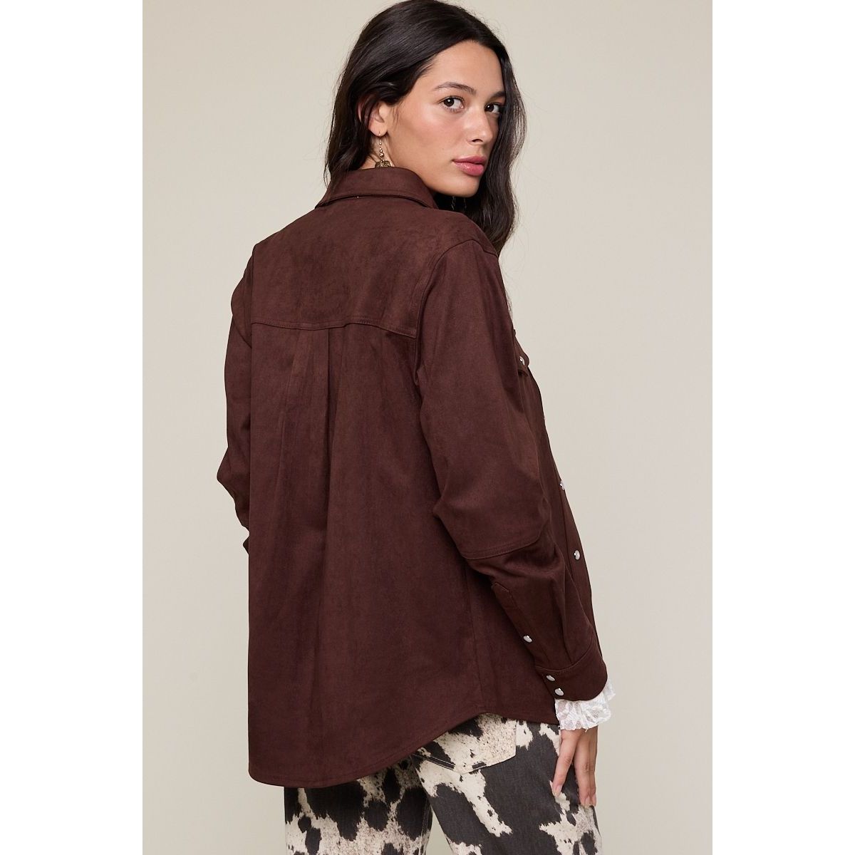 Suede Shirt Jacket in Dark Oak