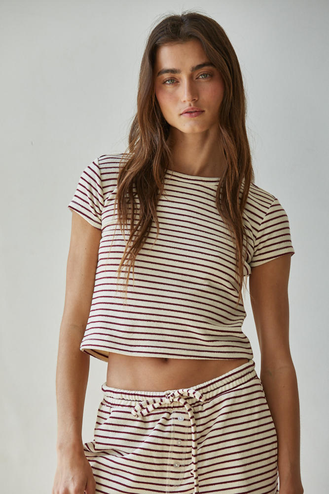 Knit Striped Short Sleeved Top- Cream/Burgundy