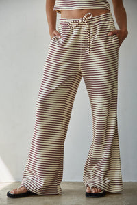 Knit Striped Elastic Waist Band Tie Flare Pants- Cream/Burgundy