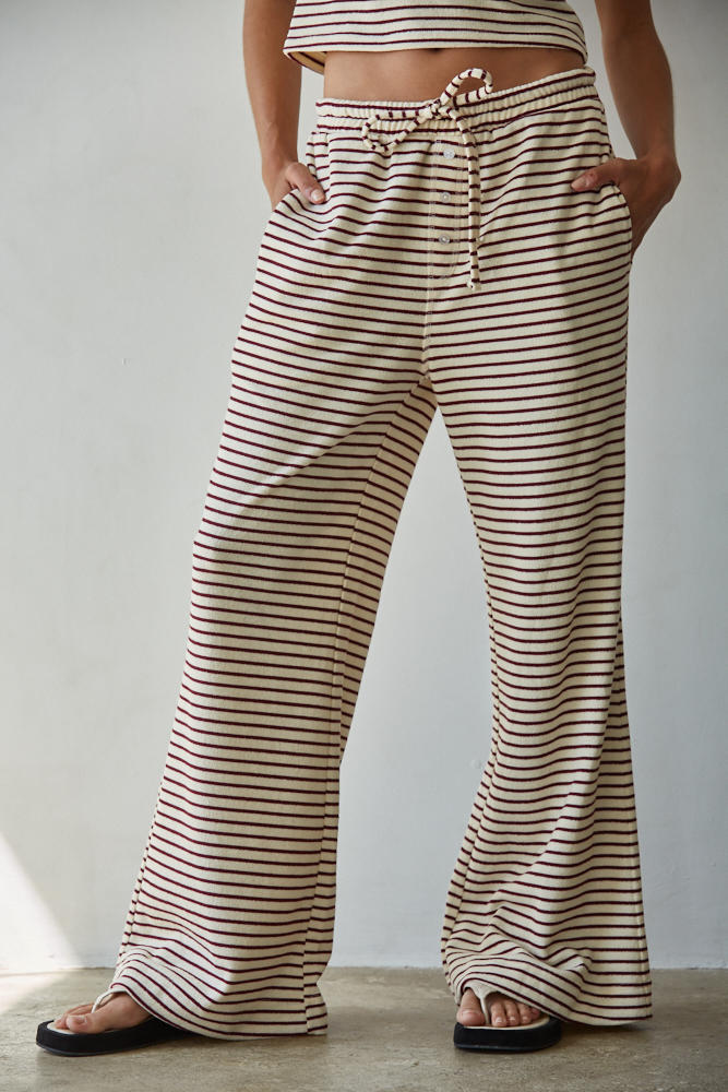 Knit Striped Elastic Waist Band Tie Flare Pants- Cream/Burgundy