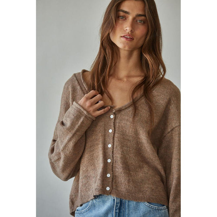 Rolled V-Neck Cardigan Top in Mocha