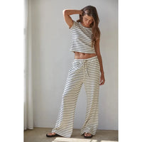 Knit Striped Waist Elastic Band Tie Flare Pants