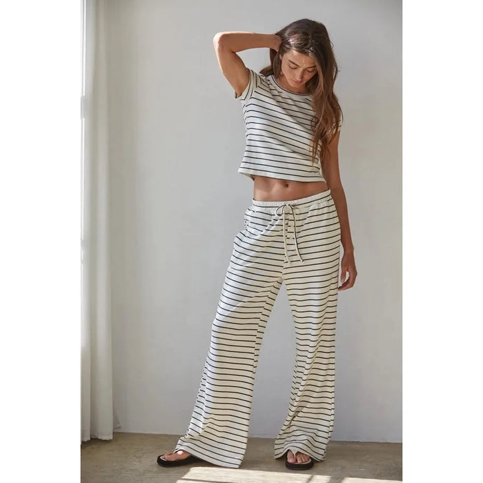 Knit Striped Elastic Waist Band Tie Flare Pants