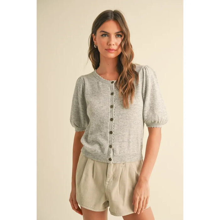 Puff Short Sleeve Button Down Knit Cardigan