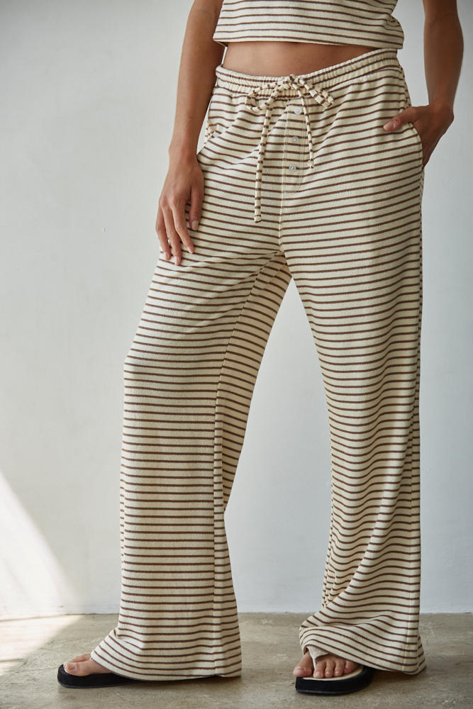 Knit Striped Elastic Waist Band Tie Flare Pants- Cream/Mocha