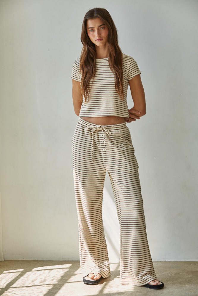 Knit Striped Short Sleeved Top- Cream/Mocha