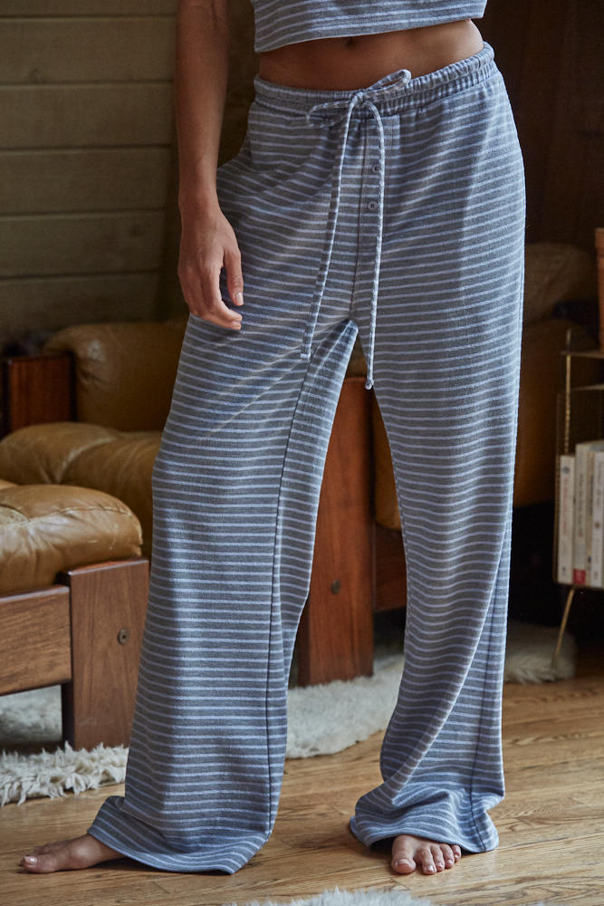 Knit Striped Elastic Waist Band Tie Flare Pants- Grey/Blue