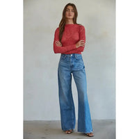 Jacquard Long Sleeve Top in Crimson